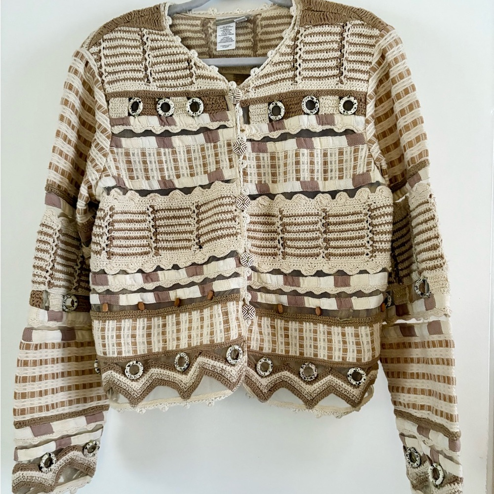 VINTAGE Coldwater Creek Crocheted Cardigan SMALL Knit Beaded Woven Nautical Sea